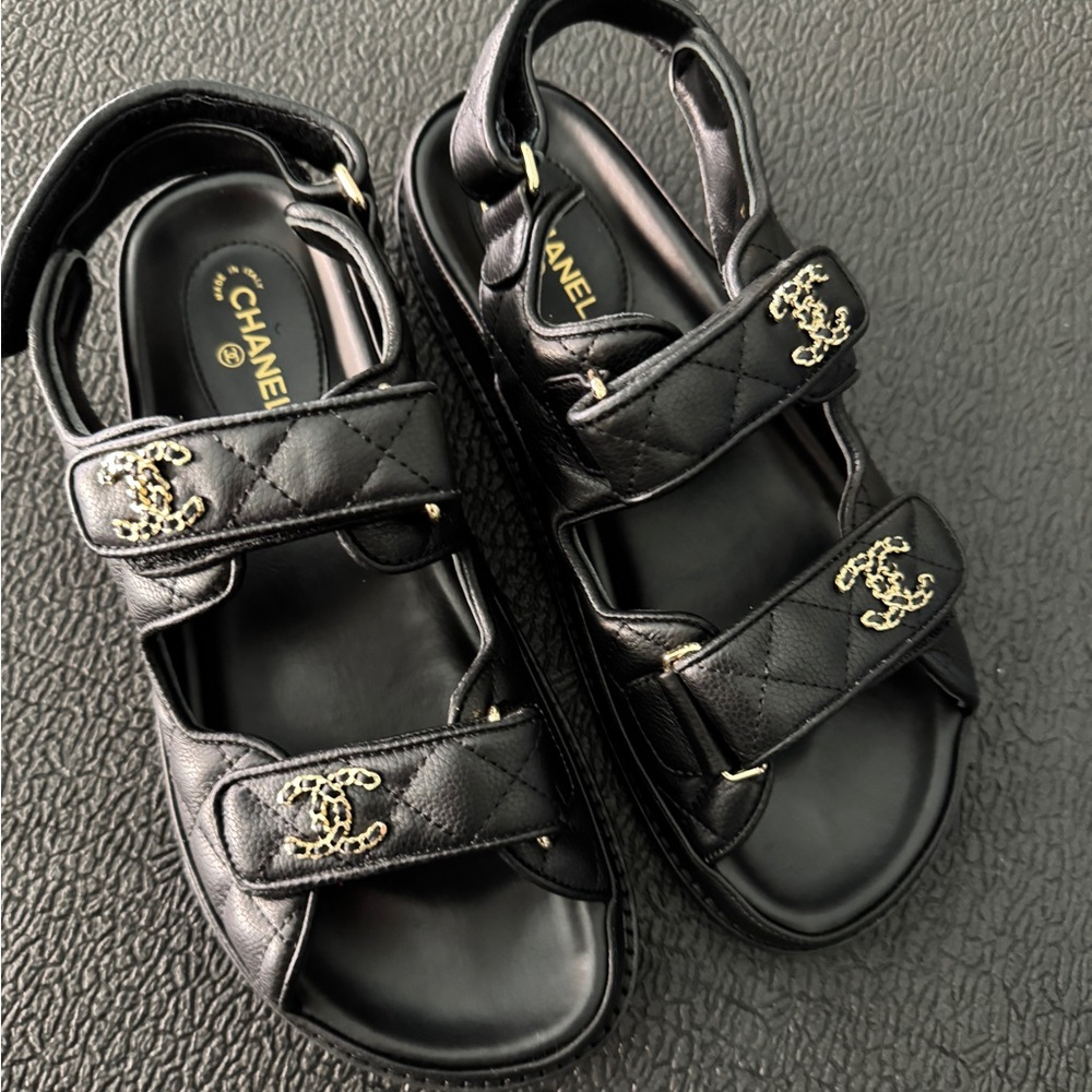 NOT Chanel Black Sandals with Gold Accents